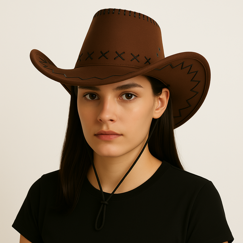 Western Stitch Cowboy Hat 🎯 Unisex | Festival Ready | Suede Look worn by a model against a neutral background.