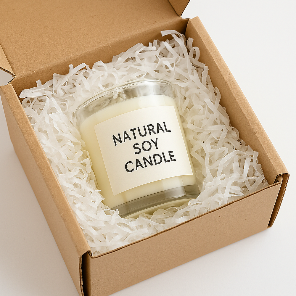 🌿 Shredded Paper Filler – For Gift Boxes & Packaging (Approx. 34g) with natural soy candle in gift box.