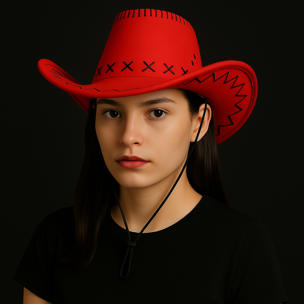 Western Stitch Cowboy Hat 🎯 Unisex | Festival Ready | Suede Look worn by a model in a black background.