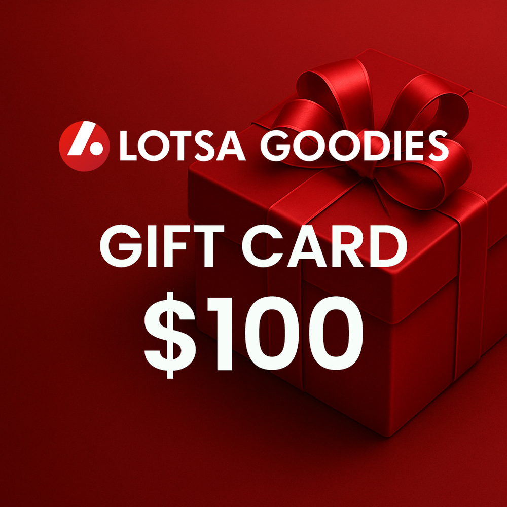 Lotsa Goodies Gift Card for $100 with festive red bow on box