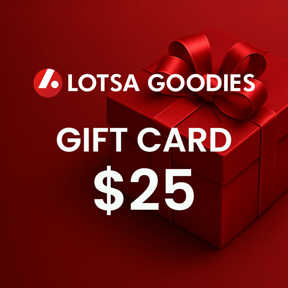 Lotsa Goodies Gift Card $25 on a red background with a gift box and bow.