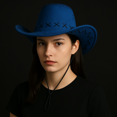 🧢 Western Stitch Cowboy Hat 🎯 Unisex | Festival Ready | Suede Look - Blue suede cowboy hat model in stylish pose.