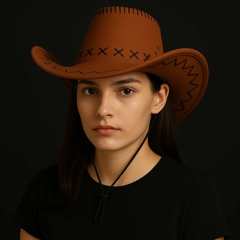 🧢 Western Stitch Cowboy Hat 🎯 Unisex | Festival Ready | Suede Look worn by a model against a dark background.